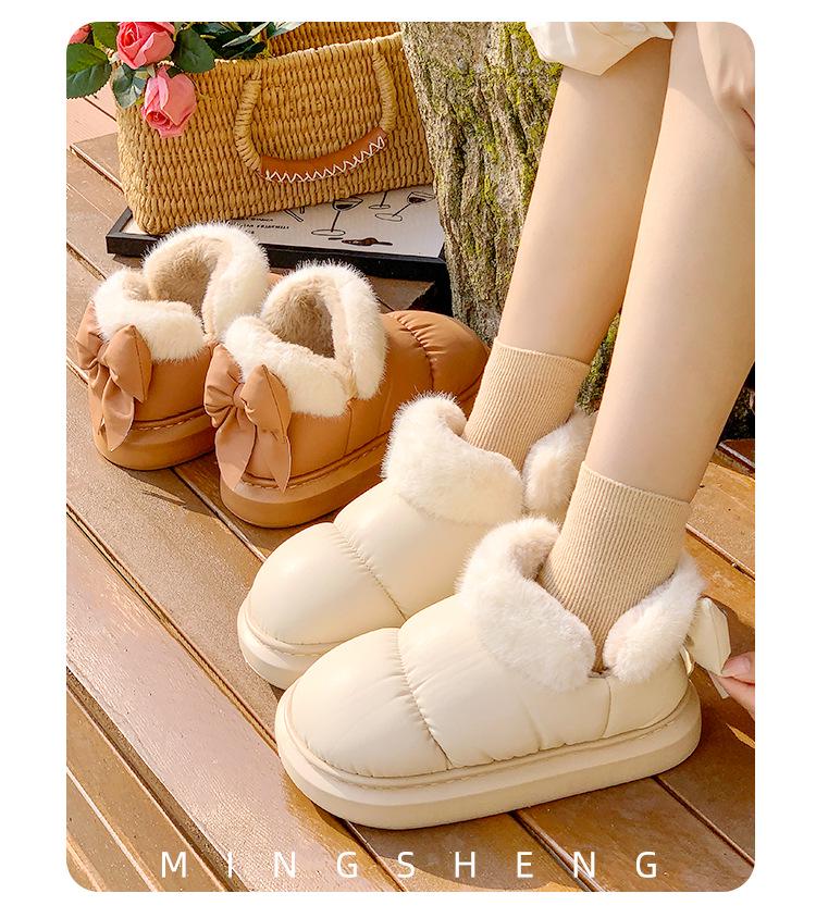 Women's Winter Velvet Bowknot Cotton Slippers with Heel Cover - 2023 Thick Sole, Warm, Girly Style for Outdoor Wear