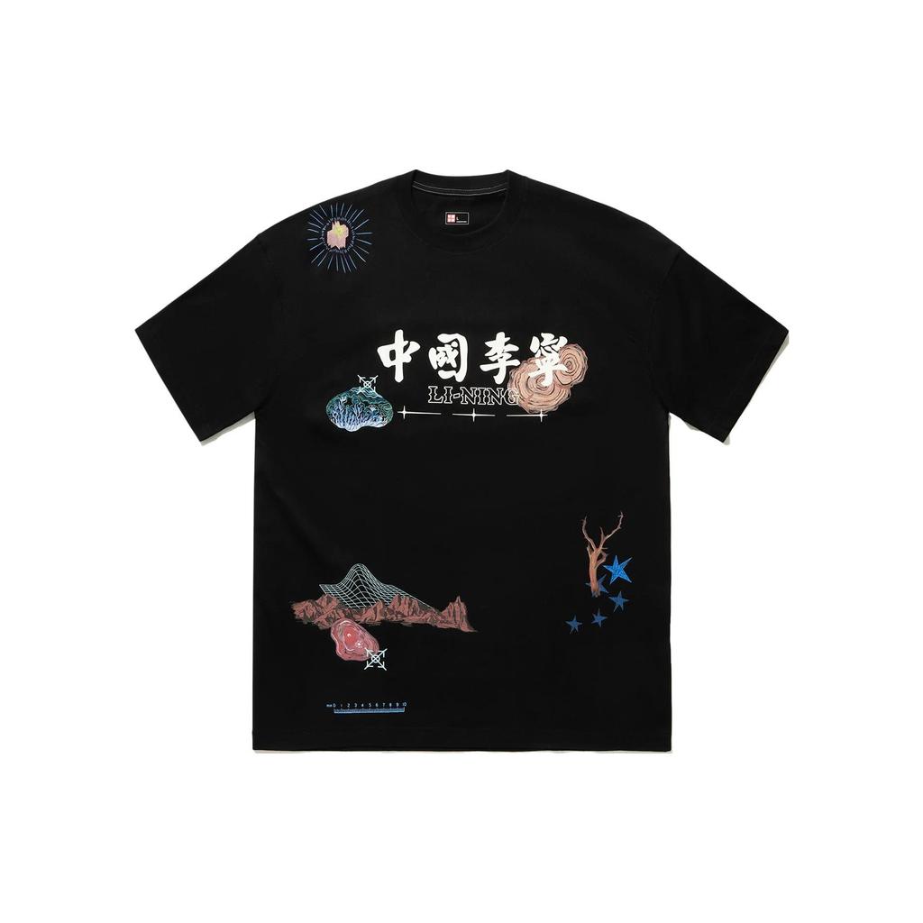 Li Ning T Shirts Unisex Black Crew Neck Moderate Straight Fit AHSU263-3