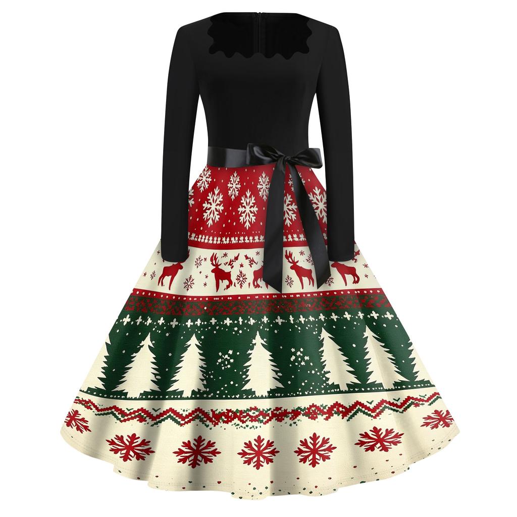 Women's Casual Christmas Print Square Neck Vintage Dress for Holiday Party and Everyday Wear