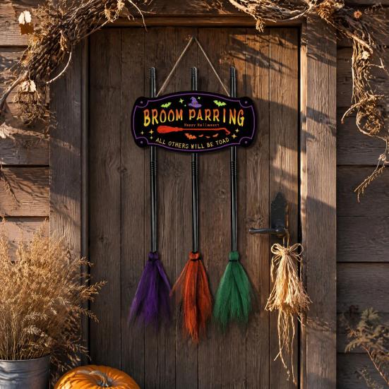 Hanging Broomstick Holiday Ornaments Halloween Broom Parking Sign with 3 Witch Brooms, Hocus Pocus Themed Wooden Sign, Yard And Porch