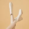 Women's White Soft Leather Ankle Boots with Square Toe and Chunky Heel - New Autumn/Winter 2025 French Style Medium Heel Slimming Design.