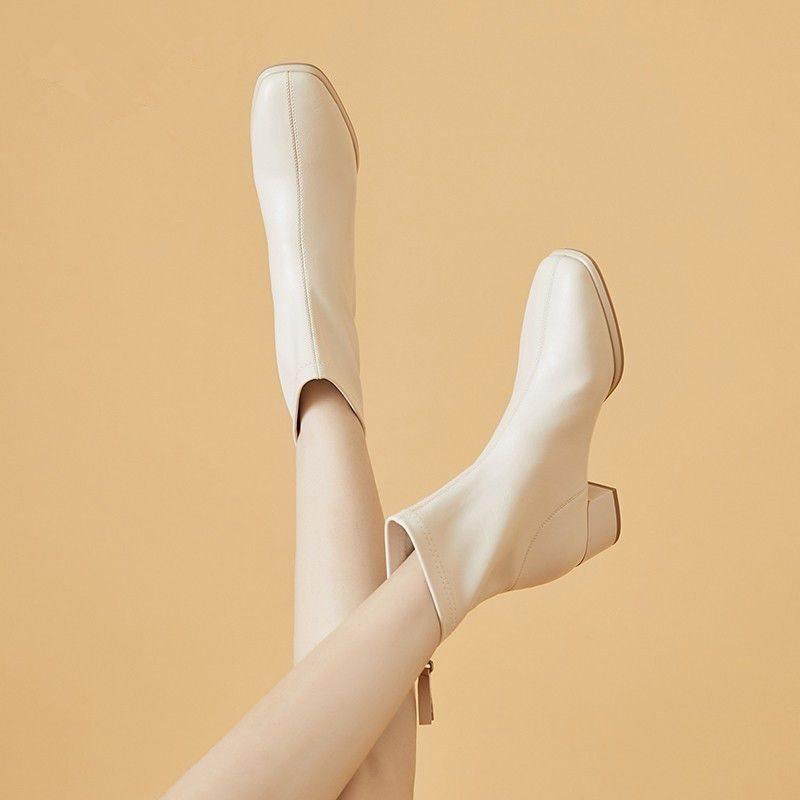 Women's White Soft Leather Ankle Boots with Square Toe and Chunky Heel - New Autumn/Winter 2025 French Style Medium Heel Slimming Design.