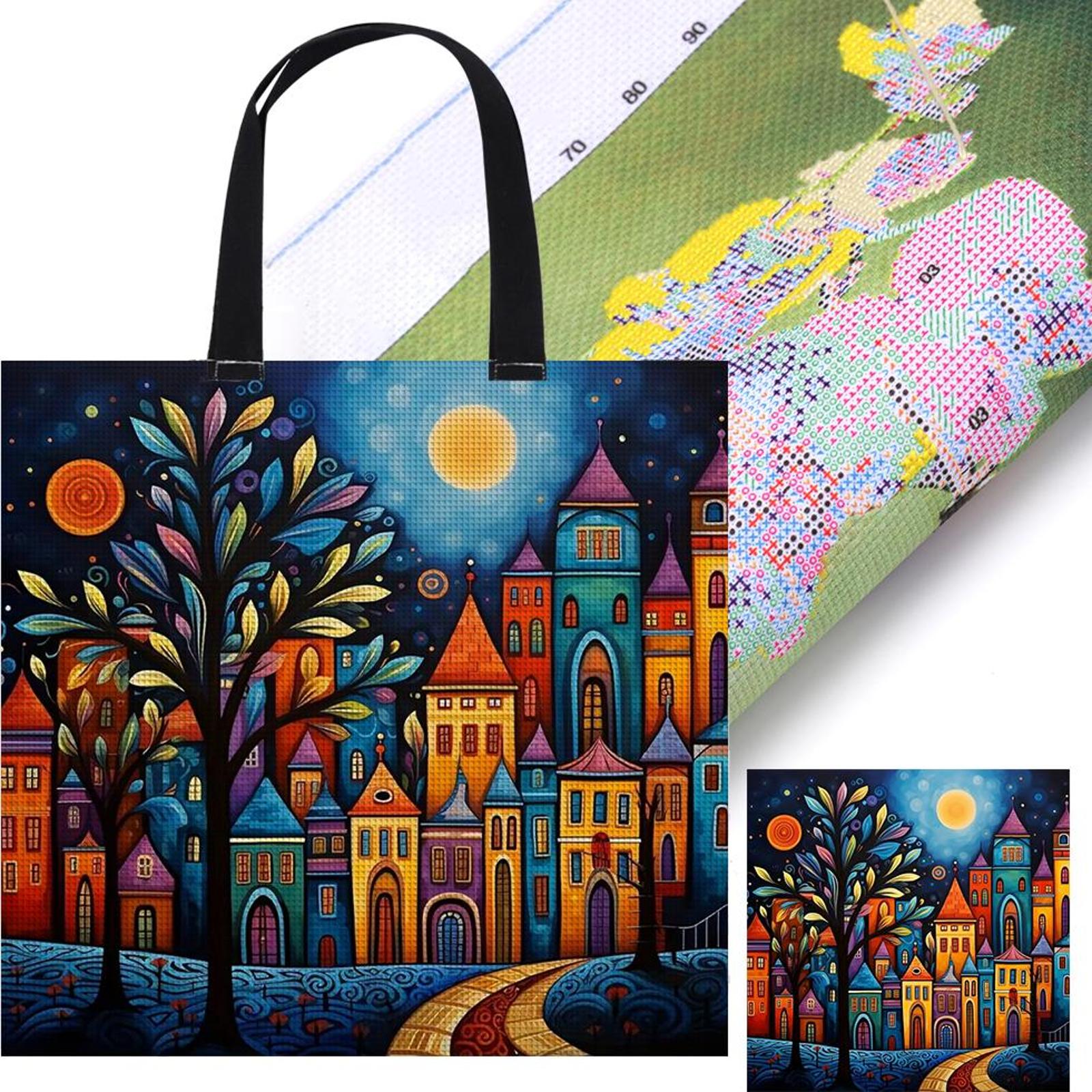 

11CT Цветные здания Канва для вышивания крестом Сумка-тоут Ручной набор для вышивания иглой Сумка Набор для вышивания крестом Холщовая сумка Подарок для друзей