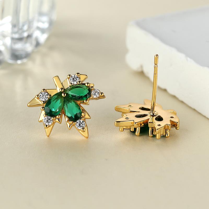 Exquises Boucles d'Oreilles Puces Feuille d'Érable Verte pour Femmes Mignonnes Boucles d'Oreilles Couleur Or Bijoux de Mode