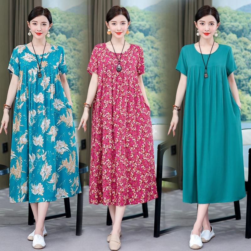 2 Neues hochwertiges florales Baumwoll-Seiden-Kleid für Damen-Sommer-Temperament, Bauchbedeckung für Mütter, große Größe künstliche Baumwolle langer Rock