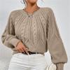 Women's Autumn/Winter Solid Color Cable Knit Sweater, Loose Crew Neck Lantern Sleeve Versatile Knit Top S-XL