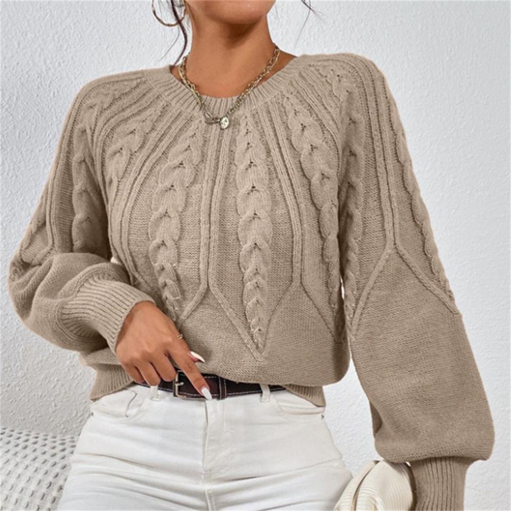 Women's Autumn/Winter Solid Color Cable Knit Sweater, Loose Crew Neck Lantern Sleeve Versatile Knit Top S-XL