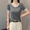 Women's V-Neck Color Block Short Sleeve T-Shirt, 2025 Spring/Summer, Slim Fit, Straight Shoulder, Low Neckline, Trendy Niche Design