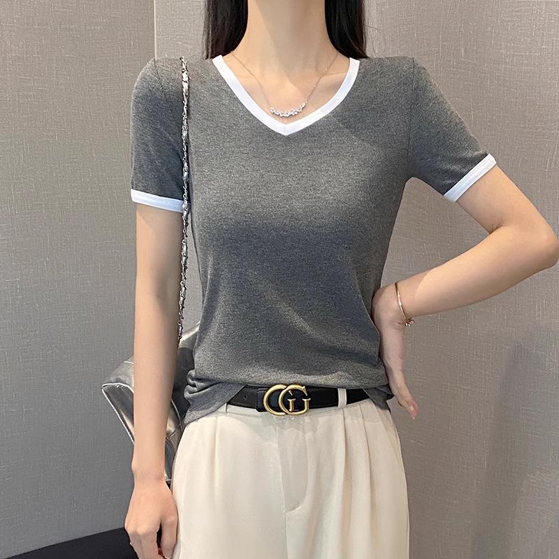 Women's V-Neck Color Block Short Sleeve T-Shirt, 2025 Spring/Summer, Slim Fit, Straight Shoulder, Low Neckline, Trendy Niche Design