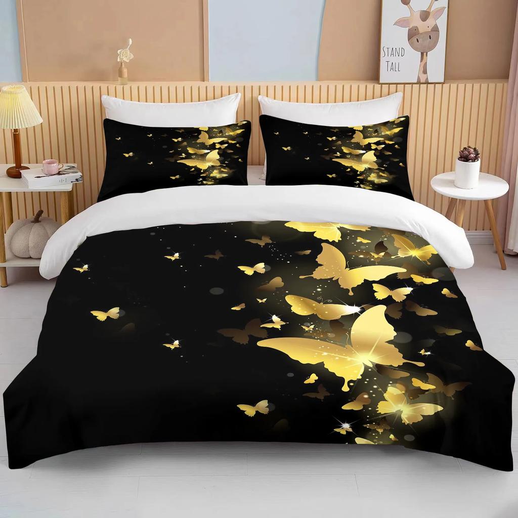 12 Sizes Gold Butterfly Bedding Set Luxury Black Duvet Cover Bedclothes 3d Printed Comforter Bedding Sets For AdultsCute Bed Set