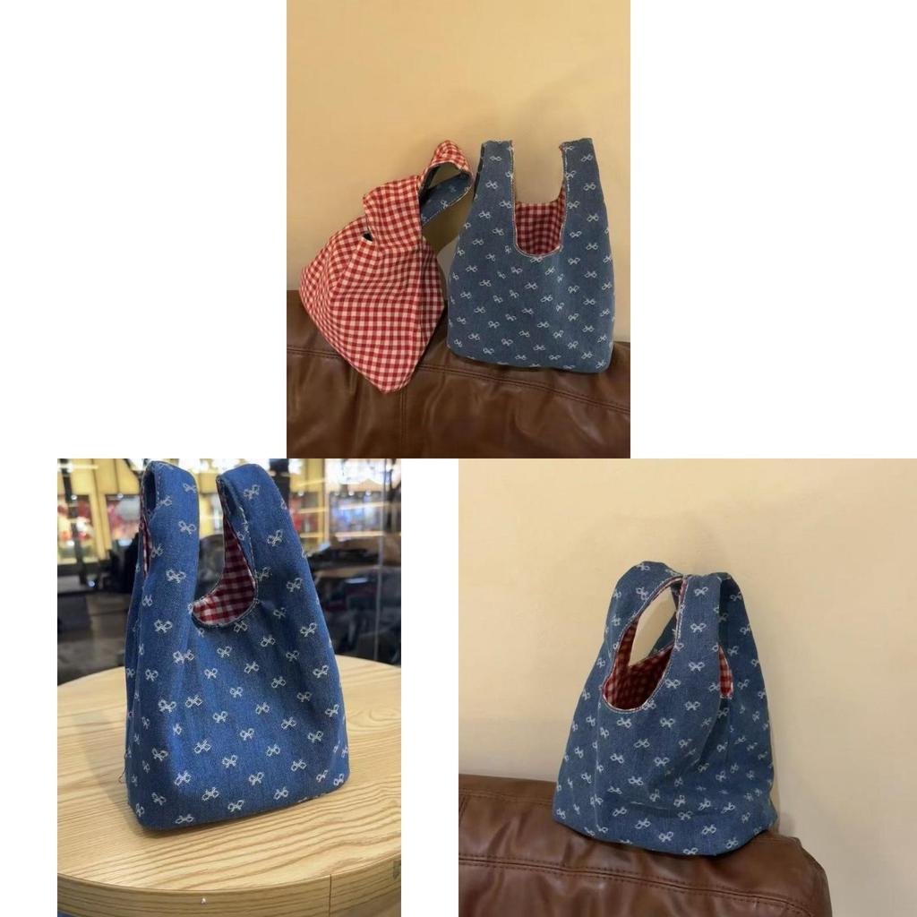 Denim Bow Patterned Crossbody Bag With Contrast Piping For Casual Travel