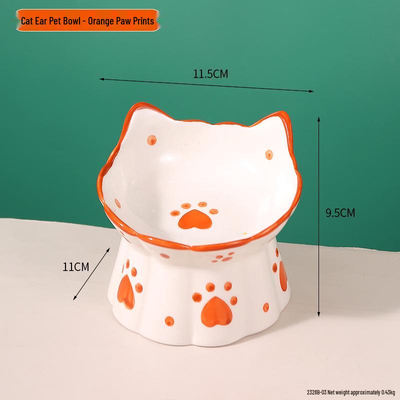 Hand-Painted Ceramic Cat Bowl: Cute, Multi-functional, Slanted for Neck Protection, High-Legged Design Suitable for Food & Water
