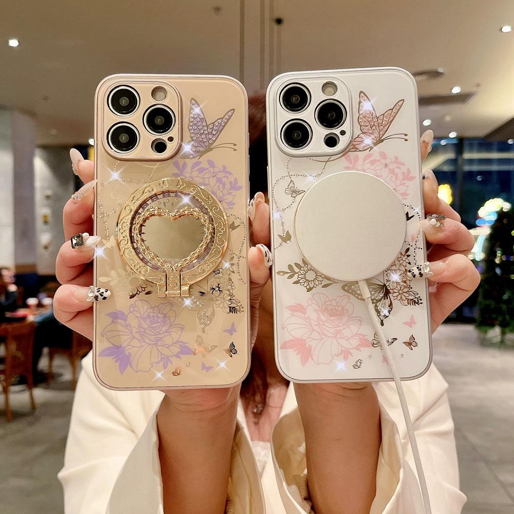 Luxury Glitter Butterfly Metal Ring Magsafe Case for iPhone 16 15 Pro Max 13 14 Plus Detachable Magnetic Ring Holder Case