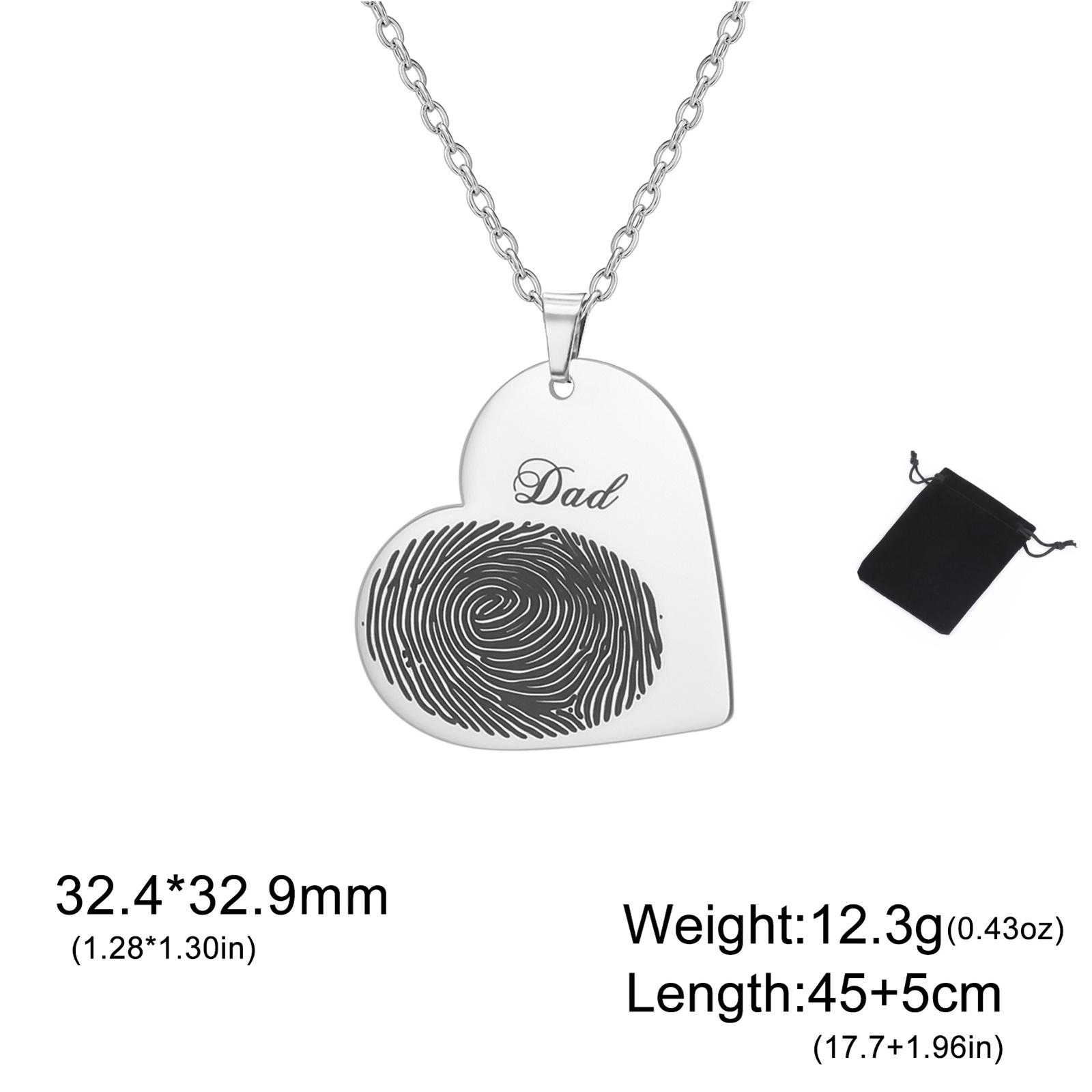 Customized Name Date Love Fingerprint Necklace Stainless Steel Heart Fingerprint Couple Neck Chain Family Jewelry 45-50cm