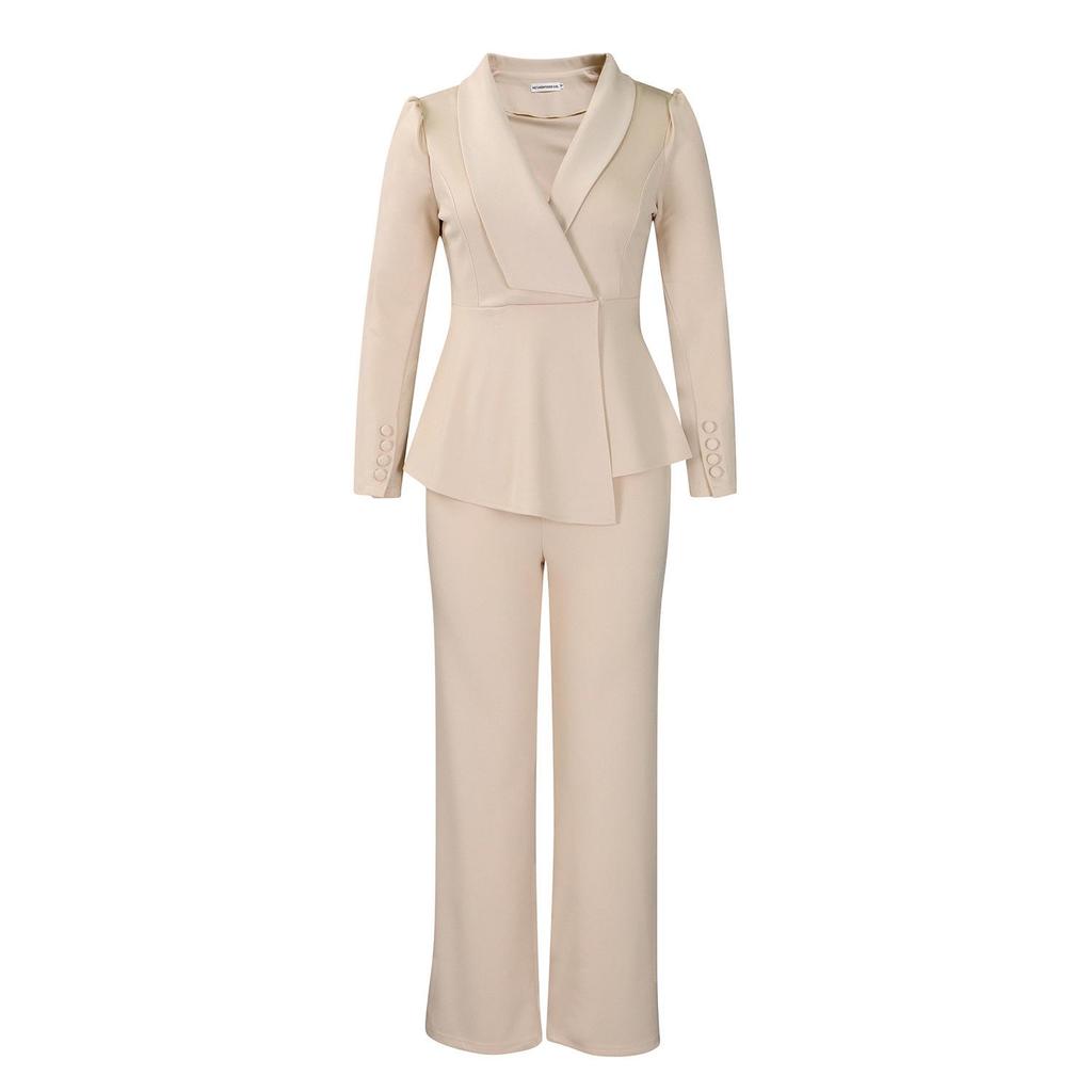 Damen Herbst/Winter 2025 Revers Langarm Top & Weitbeinige Hose Set