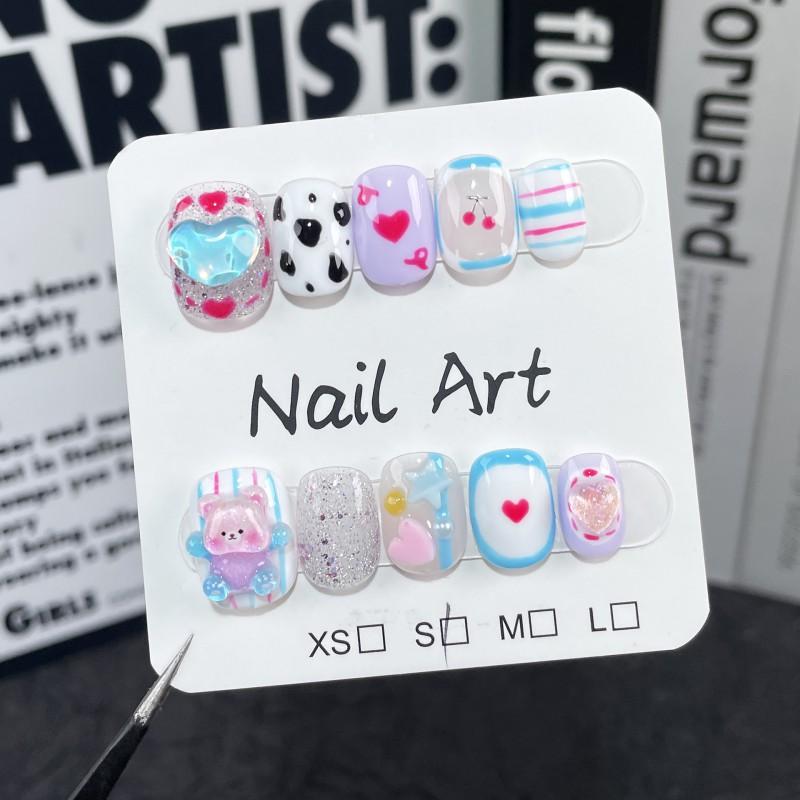 Short Round Press-On Nails With 3D Cartoon Bear Heart Design Sweet Cute Nail Art Tips Women Girls