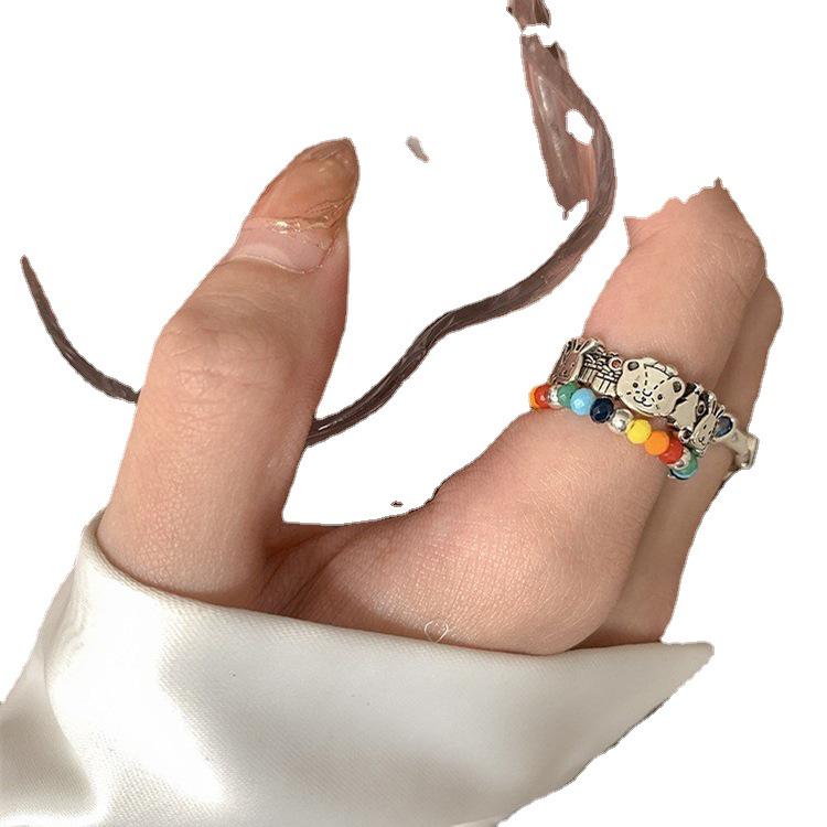 Women's S925 Silver Animal World Open Ring: Little Bear, Rabbit, Christmas Tree Design