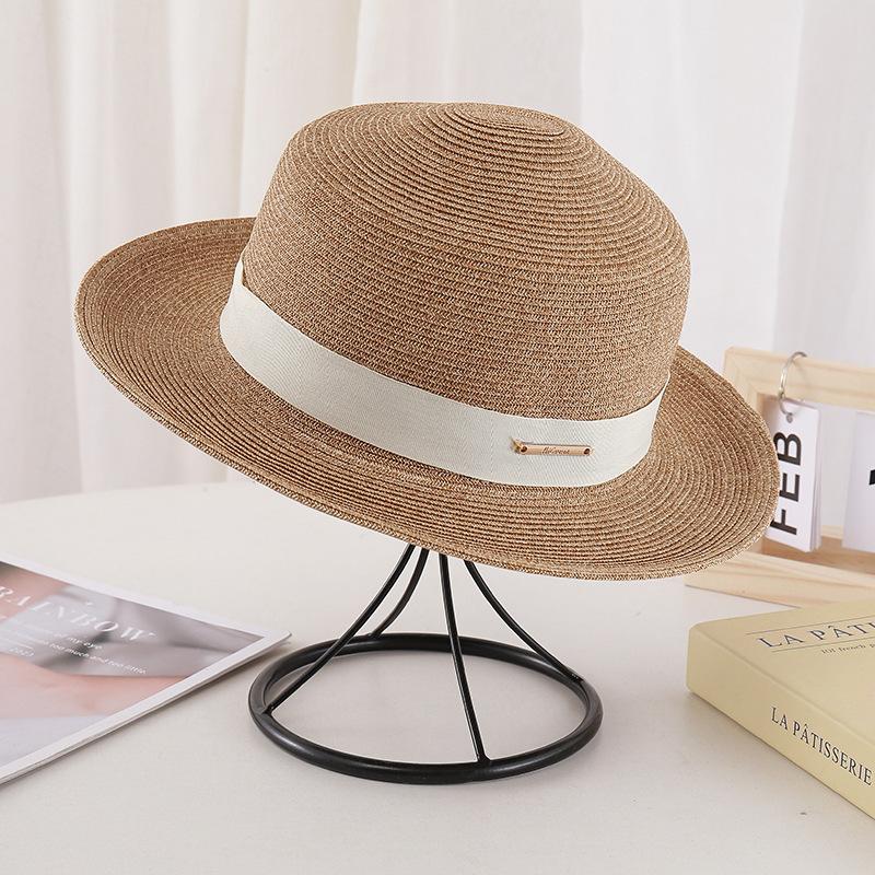 New French flat-top straw hat women's big head circumference seaside beach top hat woven sun-proof hat summer