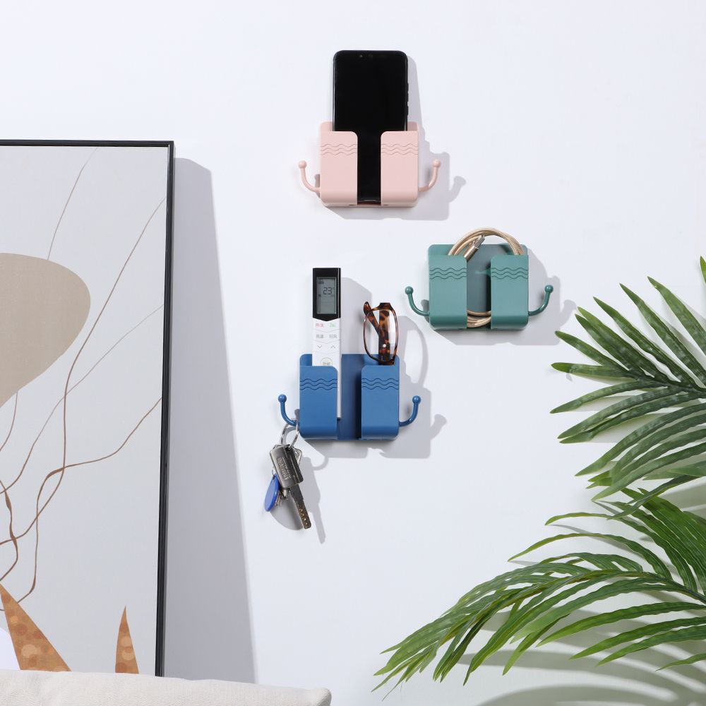 Nástěnný organizér pro telefon, úložný box pro telekontroléry, háčky na datové kabely, držák telefonu, stojan na telefon
