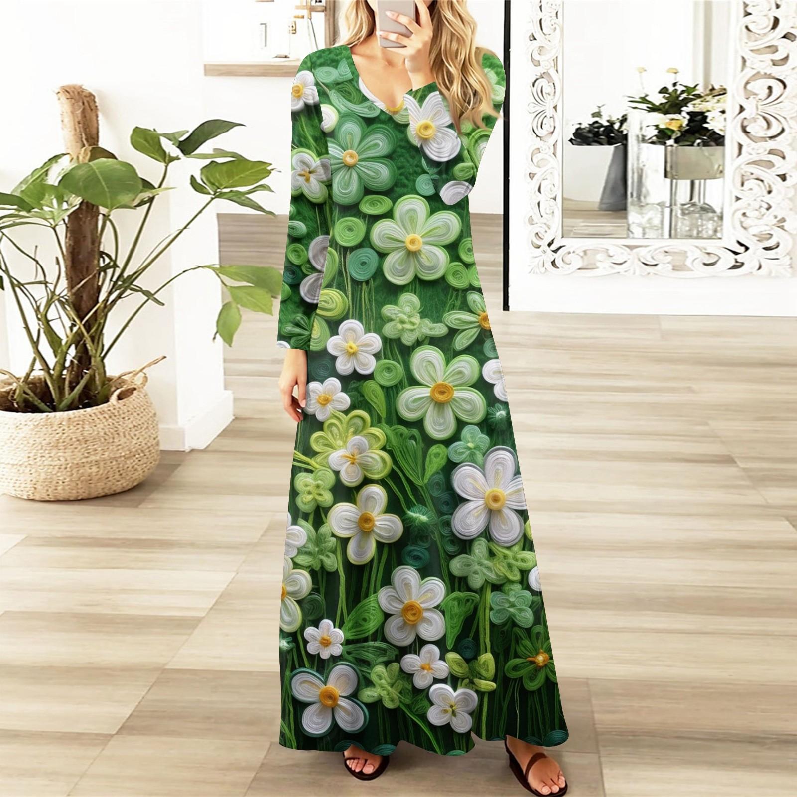 

Женская повседневная мода V-образный вырез St. Винтажное платье с длинными рукавами и принтом ко Дню Святого Патрика L армия зеленый