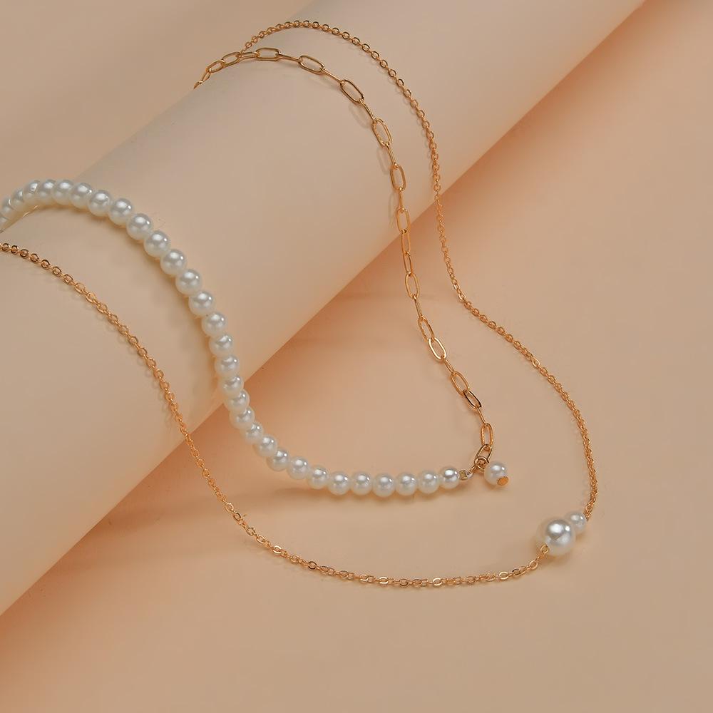 Simple Pearl Splicing Chain Necklace, Double-layer Women's Necklace, Stacked Wind Alloy Necklace.