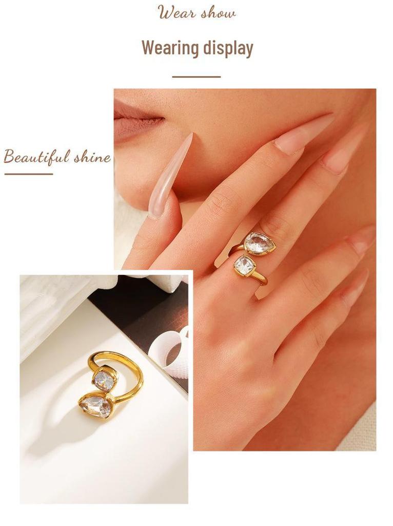 18K Gold Plated Stainless & Titanium Steel Zirconia Ring: Geometric, Waterproof, Adjustable & Irregular Shape for Women