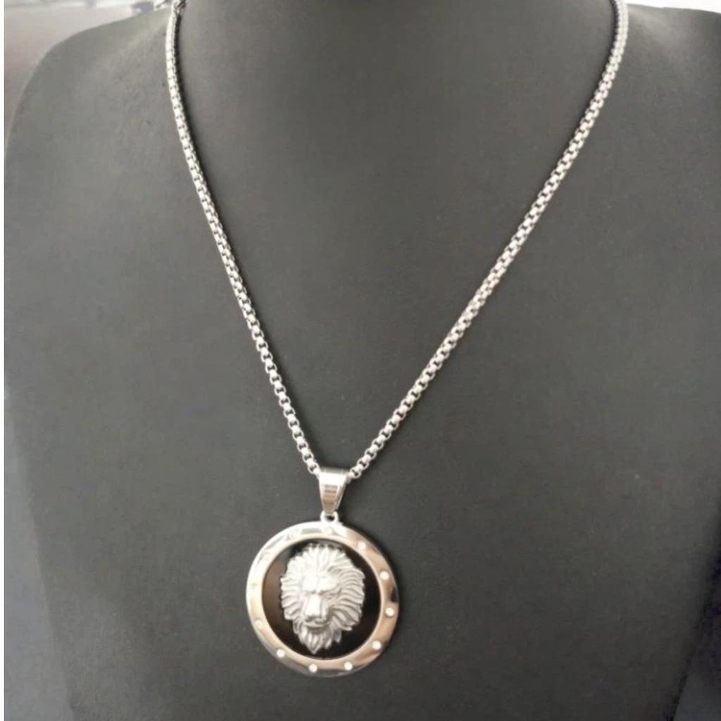 Round AAA CZ Lion Head Pendant Necklace,Silver Plated Animal Male Lion Stainless Steel Men Women Jewelry With Chain