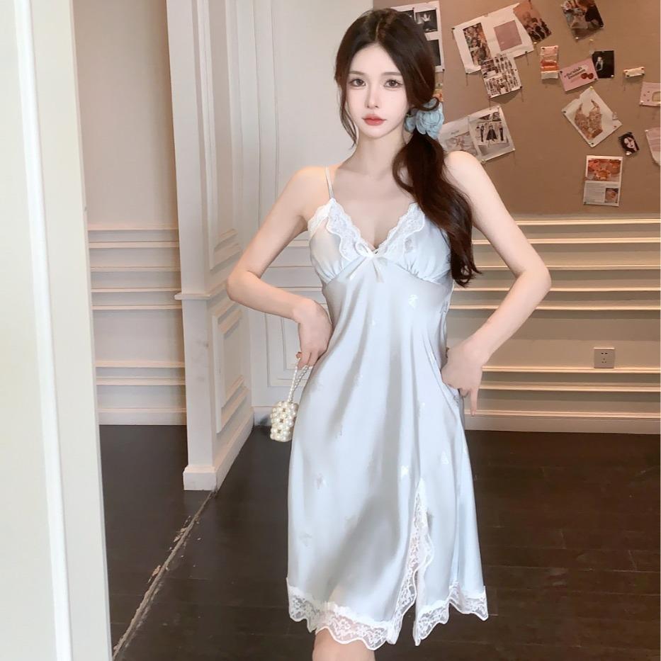 Sexy Pajamas Women Ice Ribbon Chest Pad Summer Iron Silver Butterfly Pure Wind Silk Suspender Pajamas Can Loungewear
