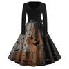 Women's Vintage Halloween Print V-Neck Dress, Casual Party Outfit for Celebrations