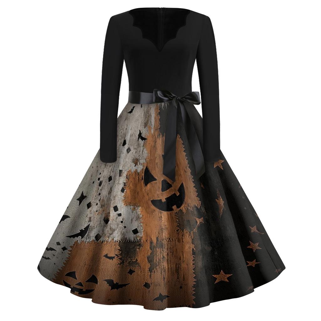 Women's Vintage Halloween Print V-Neck Dress, Casual Party Outfit for Celebrations