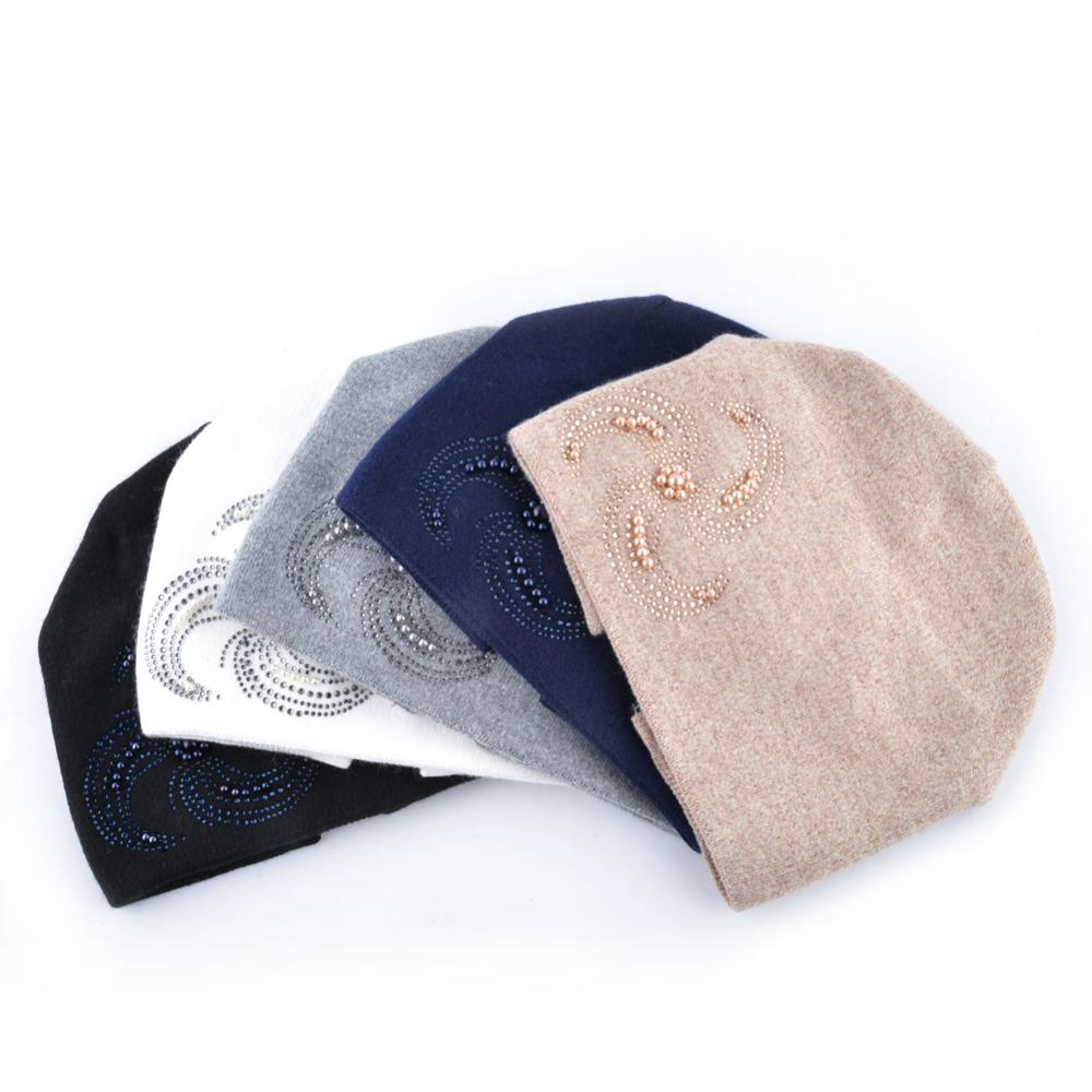 Winter Knitted Beanie Hats For Women Pearls Rhinestone Flower Knit Wool Beanies Ladies Angora Hat