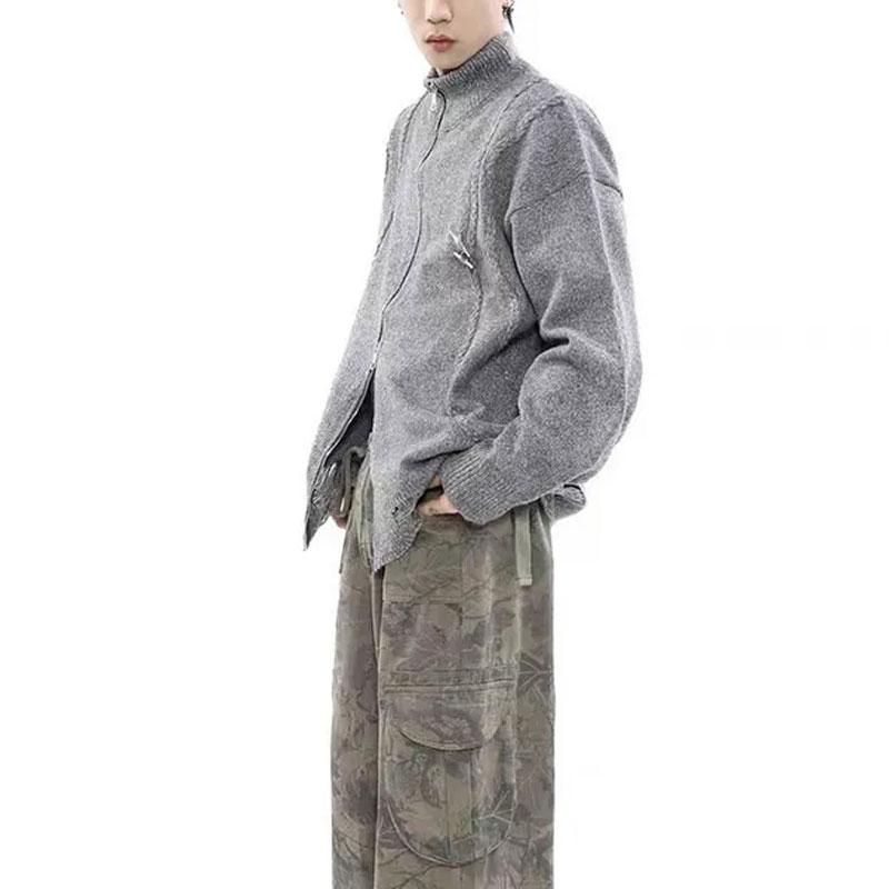 

Модный кардиган с воротником-стойкой с прорезями, вязаный, мужской, на молнии, свободного кроя, осенне-зимний, однотонный, повседневный, с длинным рукавом M серый