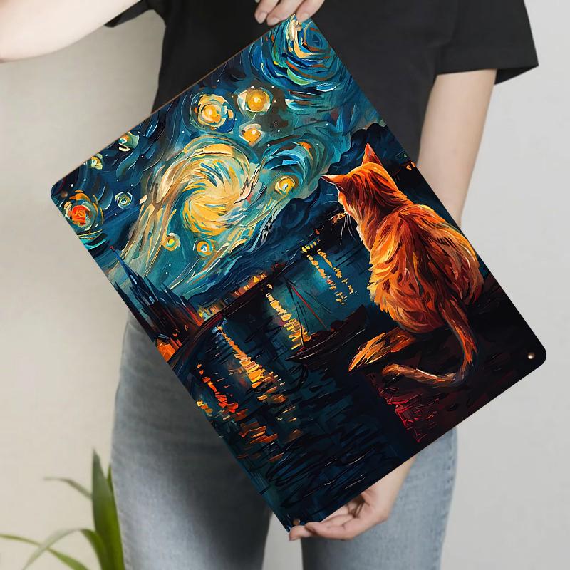 

Van Gogh Starry Night Metal Wall Art Orange Cat Watching Harbor Scenery Home Decor 20x30cm（7.8x11.8inch）