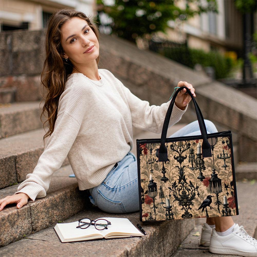 Gothic Dark Crow Pattern Large Tote Bag Fashion Retro Casual Daily Handbag