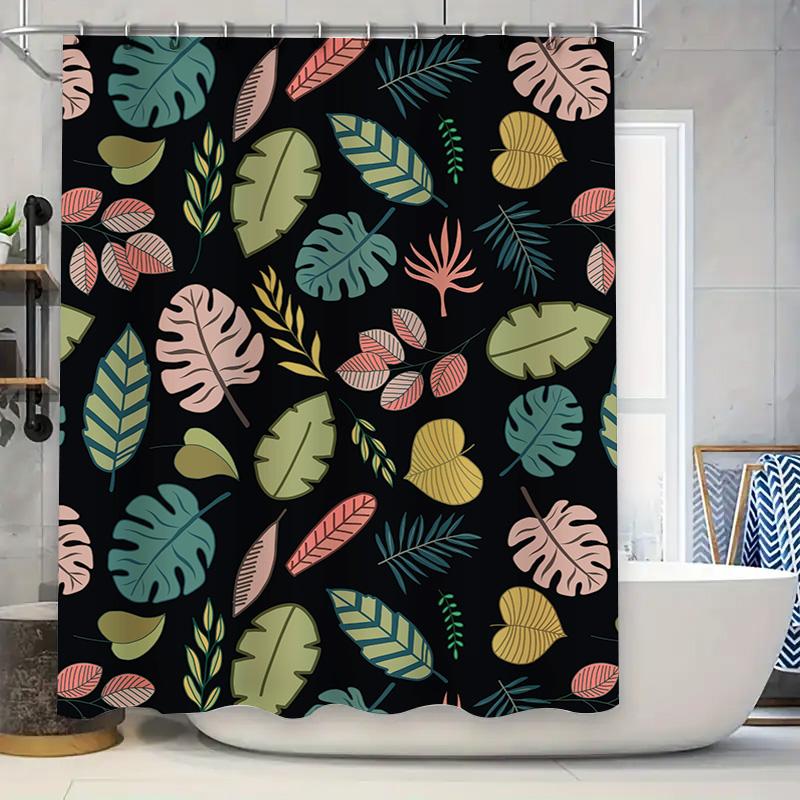 

Summer Leaves Shower Curtain Bath Decor Greenery Print For Bathroom Waterproof Fabric Black Background With Multi-Color Leaf Des W60H190(CM)-1 Pcs