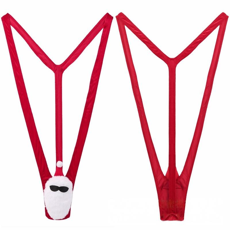 Mens One-piece Panties Christmas Santa Thong Beard Fluff Penis Pouch Bodysuit Men Sexy Elastic Suspenders Tight Lingerie Set