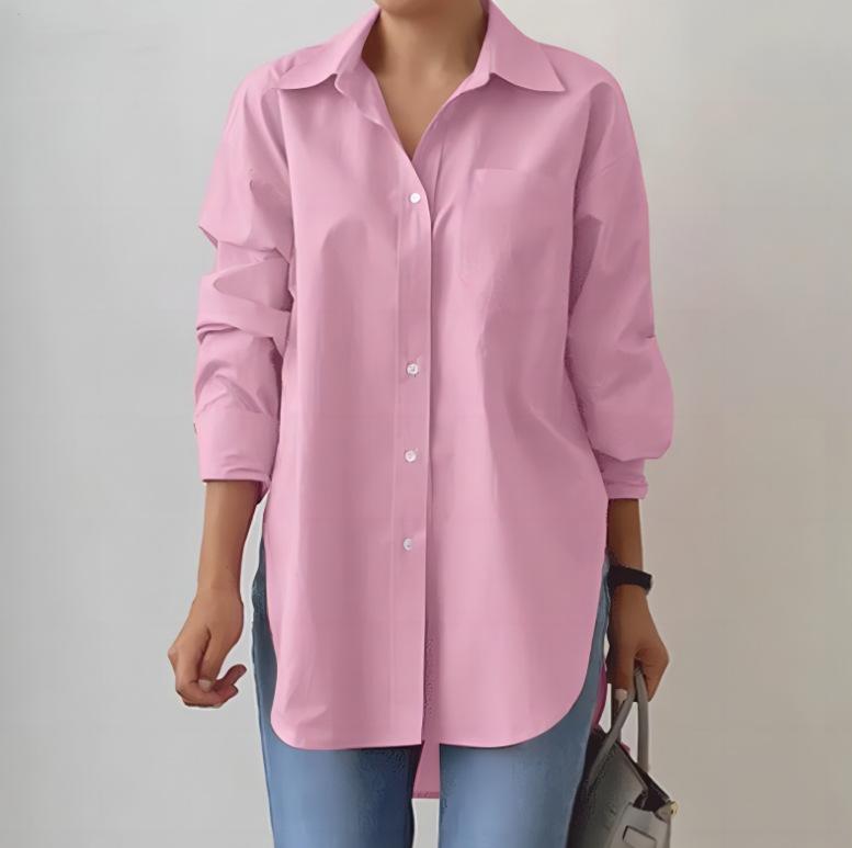 Spring Elegant Blouse Stylish Women Lapel Neck Long Sleeve Shirt Loose Solid Split Hem Tops Oversize OL Work Blusas