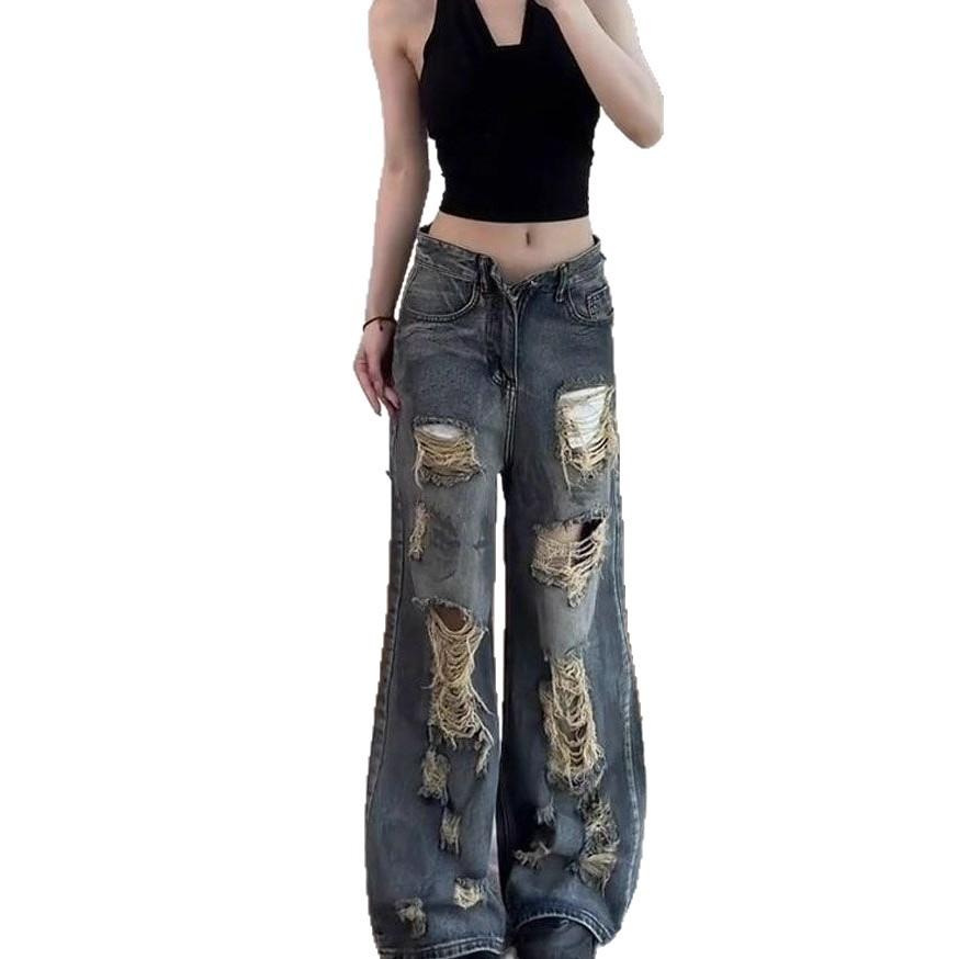 Do Old Hole Straight Jeans Women Autumn Retro Wide-leg Trousers Casual High-waisted Thin Dragged Floor Trousers Jeans for Women Long Denim Pants
