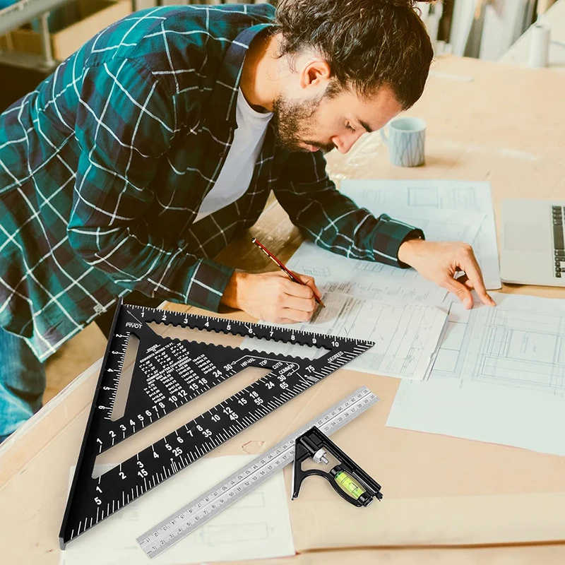 12" Aluminum Alloy Rafter Square Combination Square Set Carpenter Square Woodworking Framing Square Triangle Protractor
