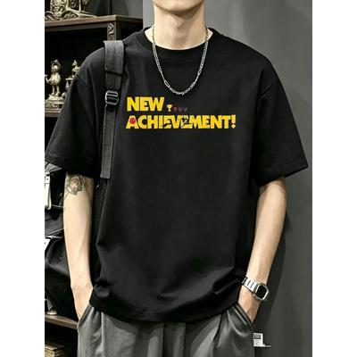 Black T Shirt with New Achievement Text And Game Icons Graphic for Casual Wear