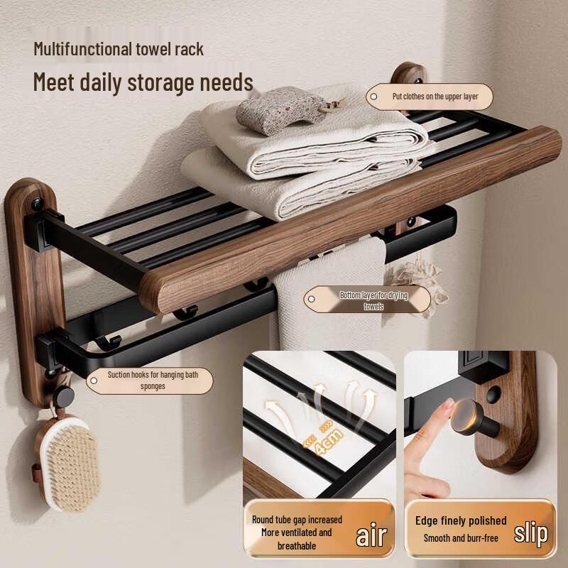 HANDUNYOU Doppelt faltbarer Handtuchständer aus schwarzem Nussbaumholz mit Ablage, 60 cm