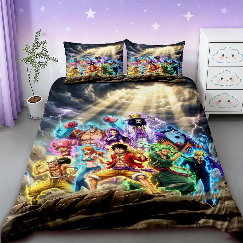 Duvet Cover One Piece Kids Cartoon Luffy Bedding Set with 2 Pillowcases Soft and Cozy Bedroom Bed Decor Teens Boys Gifts Best