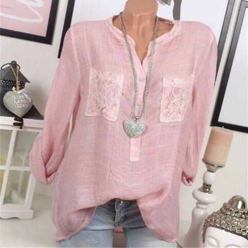 Chic Lace Shirt Autumn Women V-neck Long Blouse Loose Plus Size Sleeve S-5xl