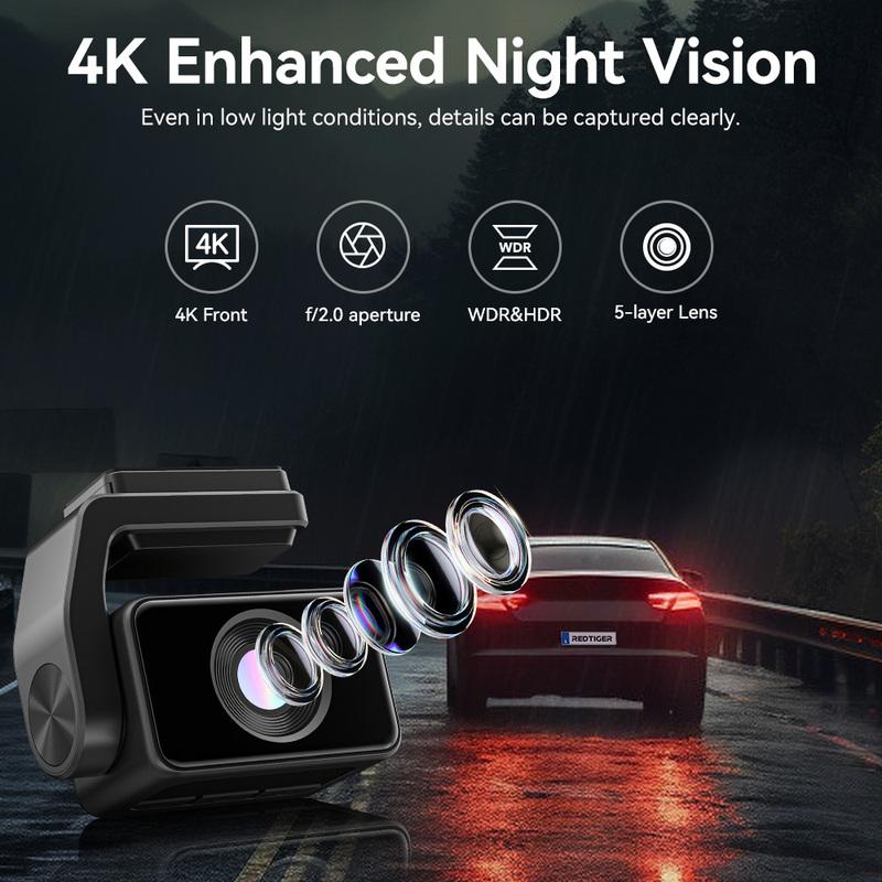 REDTIGER  A4 4k Dash Cam Front and Rear Drive Recorder GPS& 5G WiFi Touch Screen Night Vision 24H Parking Mode Voice Control