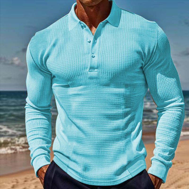 New Men's T-Shirt: Waffle Weave Casual Collared Button-Down Slim-Fit Long-Sleeved Polo Shirt