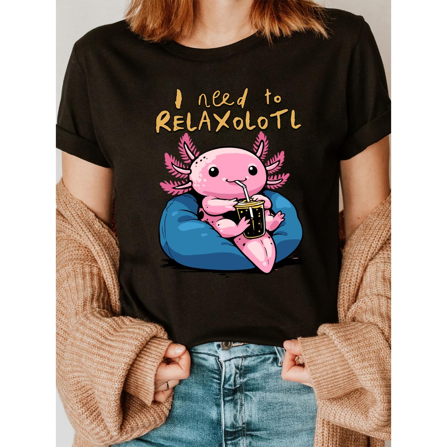 

Axolotl Relaxing Print T-Shirt for Women - 100% Knit Fabric, Crew Neck, Short Sleeve Casual Top, Slight Stretch, Regular Length, All Seasons S чёрный