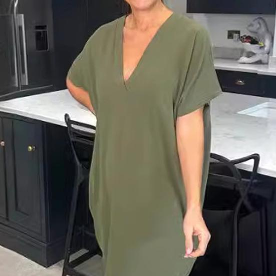 Dámské letní šaty s výstřihem do V, pytlovité, volné, tenké, s krátkým rukávem, rychleschnoucí, áčkové, délka do poloviny lýtek, ležérní, denní nošení, midi šaty