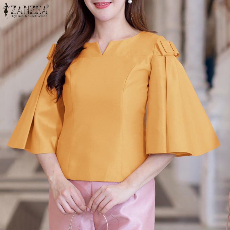 

ZANZEA Womens Casual V-Neck Loose Flare Sleeve Plain Blouse S жёлтый