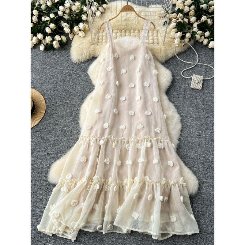 Sweet Vacation Style Sling Dress Female French Elegance Three-Dimensional Flower Loose Slimming Flounce Fairy Dress