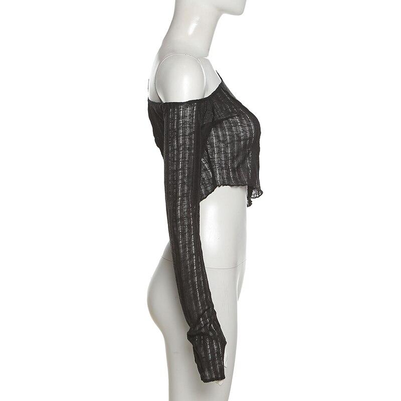 Y2K Fairy Grunge Transparent T-shirt Long Sleeve Off Shoulder Split Crop Top Sexy Women Wave Frill Asymmetric Tees Streetwear